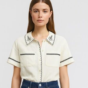 797 .Embroidered Linen blend Blouse Shirt Buttons Down